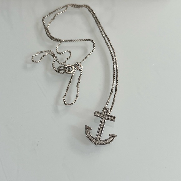 Sterling Silver Anchor Pendant Necklace Rhinestone - Picture 3 of 4